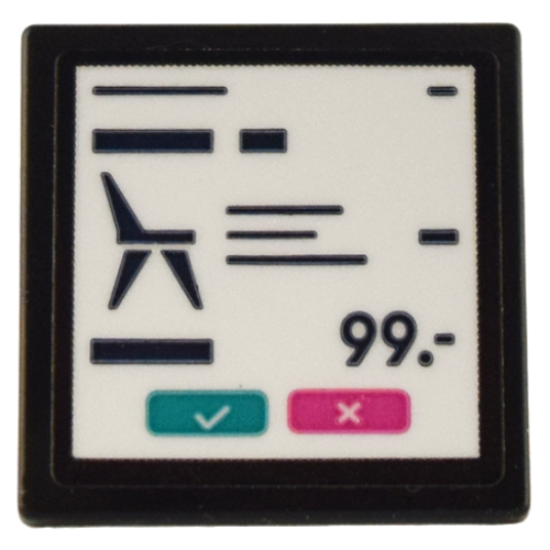 Деталь LEGO 15210pb156 Road Sign 2 x 2 Square with Open O Clip with Checkout Screen Display, Chair, '99.-' and Check and X Buttons Pattern (Sticker) - Set 41732