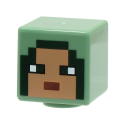 Minifigure, Head, Modified Cube with Pixelated Nougat Face, Reddish Brown Mouth and Dark Green Eyes and Hood Pattern (Minecraft Arbalest Knight)