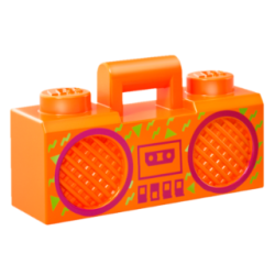 Minifigure, Utensil Radio Boom Box with Bar Handle with Magenta Cassette Player, Switches and Rimmed Speakers, Lime Zig Zags and Triangles Pattern