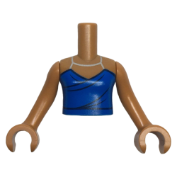 Torso Mini Doll Girl Blue Halter Dress Top with Silver Straps, Dark Blue Trim and Creases Pattern, Medium Nougat Arms with Hands