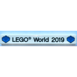Tile 1 x 8 with Black 'LEGO World 2019' and Blue Bricks Pattern Tile 1 x 8 with Black 'LEGO World 2019' and Blue Bricks Pattern