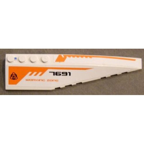 Деталь LEGO 42060pb23 Wedge 12 x 3 Right with Black '7691', Orange 'WORKING ZONE' and Orange Lines Pattern (Stickers) - Set 7691
