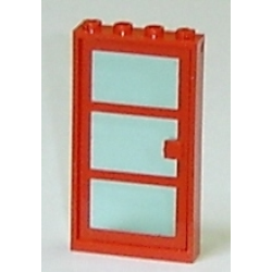 Door, Frame 1 x 4 x 6 with 4 Holes on Top and Bottom with Red Door with 3 Panes and Square Handle with Fixed Trans-Light Blue Glass (30179 / x39c01)