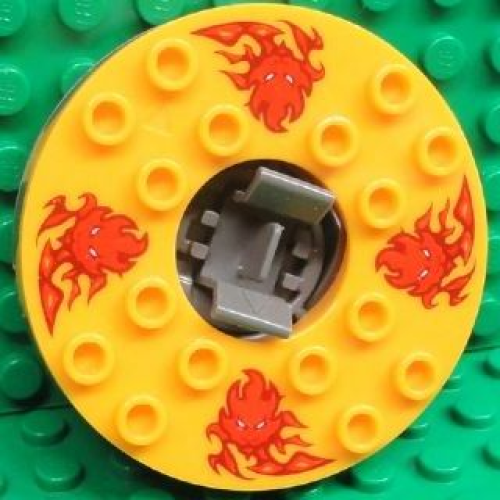Деталь LEGO 98318c09pb01 Turntable 6 x 6 x 1 1/3 Round Base Serrated with Bright Light Orange Top and Red Flames and Lion Heads Pattern (Ninjago Spinner)