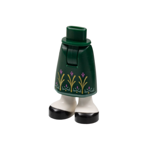 Деталь LEGO 59595c00pb11 Mini Doll Hips and Skirt Long with Molded White Legs and Printed Gold and Dark Pink Flowers, Sand Green Trim and Black Shoes Pattern - Thick Hinge