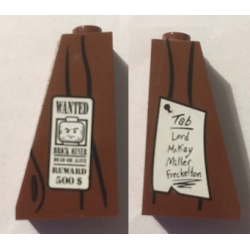 Slope 75 2 x 1 x 3 with Wood Grain and 'WANTED', 'REWARD 500 $' on Right and 'Tab Lord McKay Miller Freckelton' on Left Pattern (Stickers) - Set 70812 Slope 75 2 x 1 x 3 with Wood Grain and 'WANTED', 'REWARD 500 $' on Right and 'Tab Lord McKay Miller Freckelton' on Left Pattern (Stickers) - Set 70812