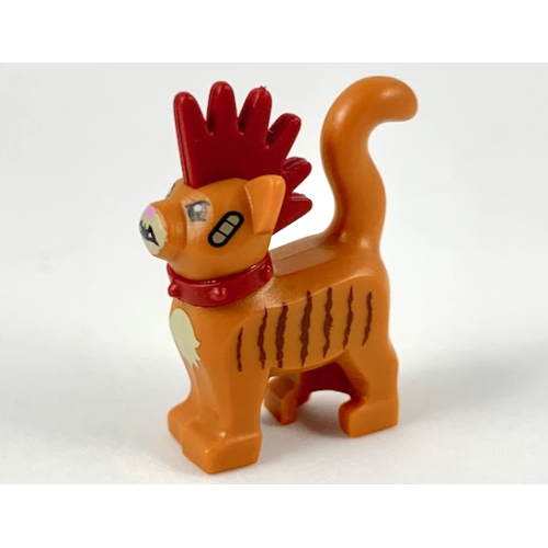 Деталь LEGO 39742pb01 Cat, Standing with Molded Dark Red Spiky Mohawk and Collar and Printed Bandages and Dark Brown Stripes Pattern (Scarfield)