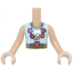 Torso Mini Doll Boy Light Aqua Sleeveless Shirt, Gold Belt and Collar, Reddish Orange, Red and Dark Pink Necklace Pattern, Medium Tan Arms with Hands