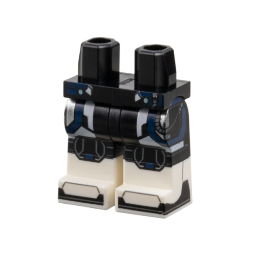 Деталь LEGO 970c00pb1542 Hips and Legs with Molded White Lower Legs / Boots and Printed Armor with Silver, Dark Blue, and White Trim, Metallic Light Blue Dots, Knee Pads, Soles Pattern