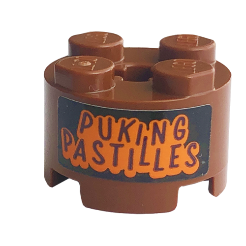Деталь LEGO 3941pb48 Brick, Round 2 x 2 with Axle Hole with 'PUKING PASTILLES' Pattern (Sticker) - Set 76422