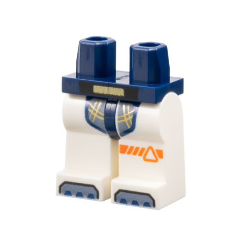 Деталь LEGO 970c01pb67 Hips and White Legs with Gold and Sand Blue Armor Panel, Reddish Orange Triangle and Stripe on Left, Sand Blue and Dark Blue Toes Pattern