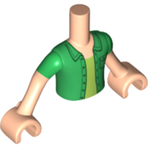 Деталь LEGO FTBpb020c01 Torso Mini Doll Boy Green Shirt with Pocket over Lime Undershirt Pattern, Light Nougat Arms with Hands with Green Short Sleeves
