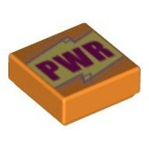 Деталь LEGO 3070pb163 Tile 1 x 1 with Magenta 'PWR' on Bright Light Yellow Background, Metallic Pink Lines Pattern