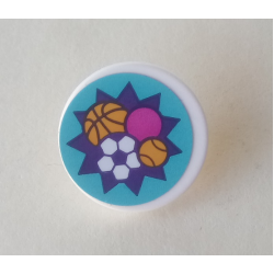 Road Sign 2 x 2 Round with Clip with Basketball, Soccer Ball / Football, Tennis Ball, and Dark Pink Ball in Dark Purple Starburst on Medium Azure Background Pattern (Sticker) - Set 41312