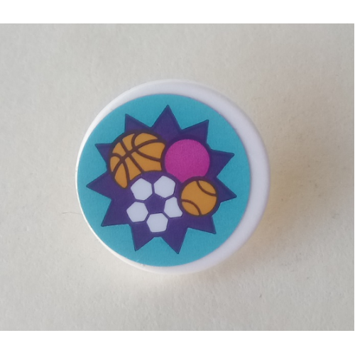 Деталь LEGO 30261pb043 Road Sign 2 x 2 Round with Clip with Basketball, Soccer Ball / Football, Tennis Ball, and Dark Pink Ball in Dark Purple Starburst on Medium Azure Background Pattern (Sticker) - Set 41312