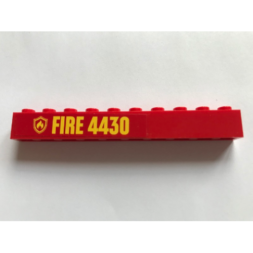 Деталь LEGO 6111pb031 Brick 1 x 10 with Yellow Fire Logo Badge and 'FIRE 4430' Pattern (Sticker) - Set 4430