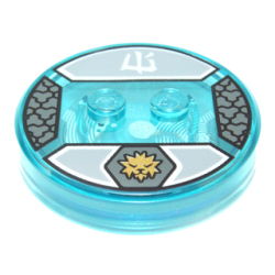 Dimensions Toy Tag 4 x 4 x 2/3 with 2 Studs and Trans-Light Blue Bottom with Gold Icy Saber-Toothed Cat Head in Dark Bluish Gray Hexagon and White Ninjago Logogram 'Ice' on Light Bluish Gray Background Pattern (Zane)