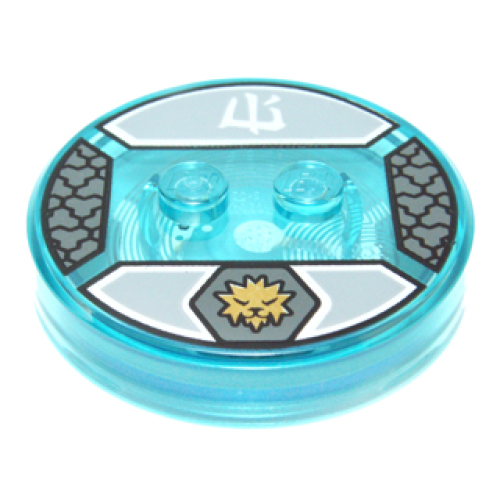 Деталь LEGO 18605c01pb33 Dimensions Toy Tag 4 x 4 x 2/3 with 2 Studs and Trans-Light Blue Bottom with Gold Icy Saber-Toothed Cat Head in Dark Bluish Gray Hexagon and White Ninjago Logogram 'Ice' on Light Bluish Gray Background Pattern (Zane)
