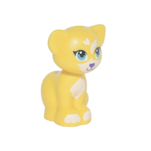 Деталь LEGO 11602pb10 Cat, Friends Style, Sitting with Dark Turquoise Eyes, Dark Purple Nose and White Patches and Paws Pattern - Yellow