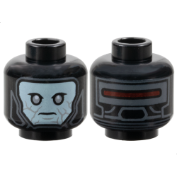 Minifigure, Head Alien Balaclava with Dark Bluish Gray Lines and Dark Red Bar on Back over Light Aqua Face with Light Bluish Gray Eyes and Cracks Pattern