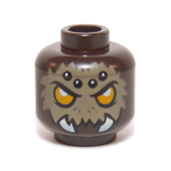 Minifigure, Head Alien Chima Spider with Bright Light Orange Eyes, Dark Tan Fur, Black and White Spots on Forehead, and White Fangs Pattern