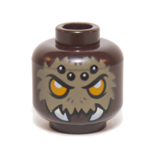Деталь LEGO 3626pb1085 Minifigure, Head Alien Chima Spider with Bright Light Orange Eyes, Dark Tan Fur, Black and White Spots on Forehead, and White Fangs Pattern