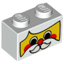 Brick 1 x 2 with Yellow Santa Face with Black Eyes, White Moustache and Red Cheeks and Nose Pattern Brick 1 x 2 with Yellow Santa Face with Black Eyes, White Moustache and Red Cheeks and Nose Pattern