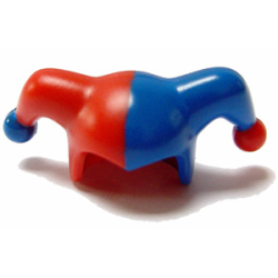 Minifigure, Headgear Jester's Cap with Blue Left Side and Blue Pom Pom Right Side Pattern - Red Minifigure, Headgear Jester's Cap with Blue Left Side and Blue Pom Pom Right Side Pattern - Red