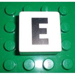Duplo, Tile 2 x 2 x 1 with Black Capital Letter E Pattern Duplo, Tile 2 x 2 x 1 with Black Capital Letter E Pattern