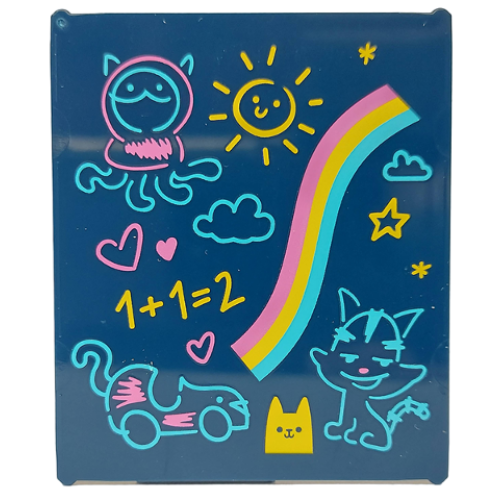 Деталь LEGO 42509pb05 Glass for Window 1 x 6 x 6 Flat Front with Dark Pink, Medium Azure and Yellow Stripes, Cats, Clouds, Car, Hearts, Sun, Star and '1+1=2' Pattern