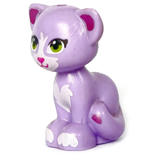 Деталь LEGO 11602pb08 Cat, Friends Style, Sitting with Lime Eyes, Dark Pink Nose and Mouth, White Patches and Paws, Metallic Pink Inner Ears and Tail Tip Pattern - Lavender
