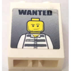 Brick 1 x 2 x 2 with Inside Axle Holder with 'WANTED' and Jail Prisoner Minifigure Pattern (Sticker) - Set 7288 Brick 1 x 2 x 2 with Inside Axle Holder with 'WANTED' and Jail Prisoner Minifigure Pattern (Sticker) - Set 7288