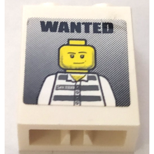 Деталь LEGO 3245bpb37 Brick 1 x 2 x 2 with Inside Axle Holder with 'WANTED' and Jail Prisoner Minifigure Pattern (Sticker) - Set 7288
