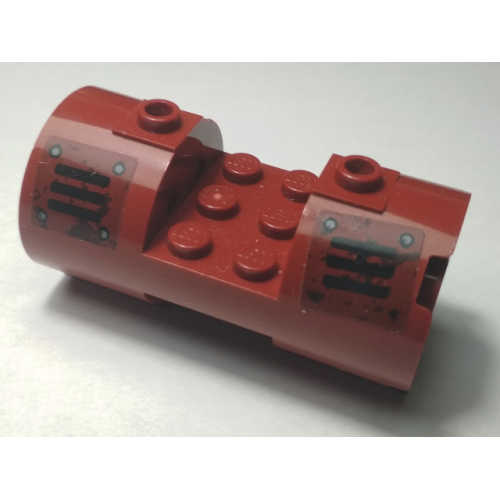 Деталь LEGO 93168pb05L Cylinder 3 x 6 x 2 2/3 Horizontal - Square Connections with Black Vents and Rivets Pattern Model Left Side (Stickers) - Set 70009