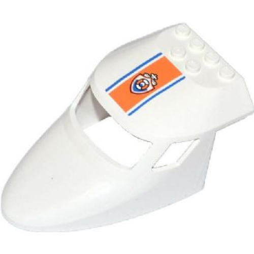 Деталь LEGO 87613pb009 Aircraft Fuselage Forward Top Curved 6 x 10 x 4 with 3 Window Panes with Blue Lines and Coast Guard Logo on Orange Background Pattern (Sticker) - Set 60015