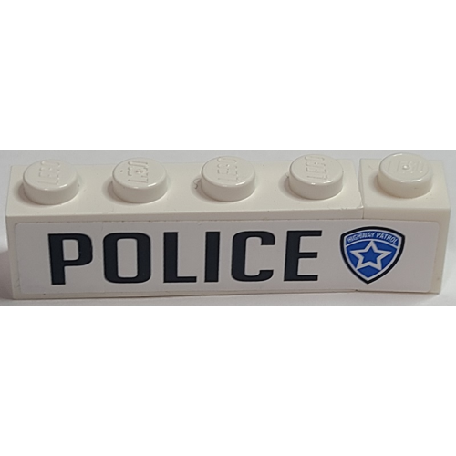 Деталь LEGO BA137pb01L Stickered Assembly 5 x 1 x 1 with 'POLICE' and Highway Patrol Logo Pattern Model Left Side (Sticker) - Set 8681 - 1 Brick 1 x 1, 1 Brick 1 x 4