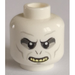 Minifigure, Head Alien with Large Upper Eyelids, Dark Bluish Gray and Light Bluish Gray Eye Shadow, Slit Nostrils, Cheek Lines and Chin Dimple, Open Mouth Smile with Bright Light Yellow Top Teeth Pattern