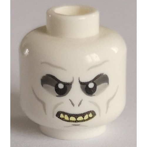 Деталь LEGO 3626pb0486 Minifigure, Head Alien with Large Upper Eyelids, Dark Bluish Gray and Light Bluish Gray Eye Shadow, Slit Nostrils, Cheek Lines and Chin Dimple, Open Mouth Smile with Bright Light Yellow Top Teeth Pattern
