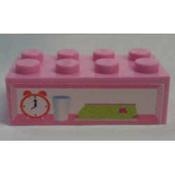Brick 2 x 4 with Alarm Clock, Glass and Book Pattern (Sticker) - Set 7586