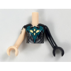 Torso Mini Doll Girl Black Top, Jagged Neckline Pattern, Black Arm with Hand Left, Light Nougat Arm with Hand and Black Tattoo Right