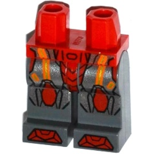 Деталь LEGO 970c85pb14 Hips and Dark Bluish Gray Legs with Orange and Gold Circuitry, Red and Silver Armor and Red Knee Pads and Boots Pattern