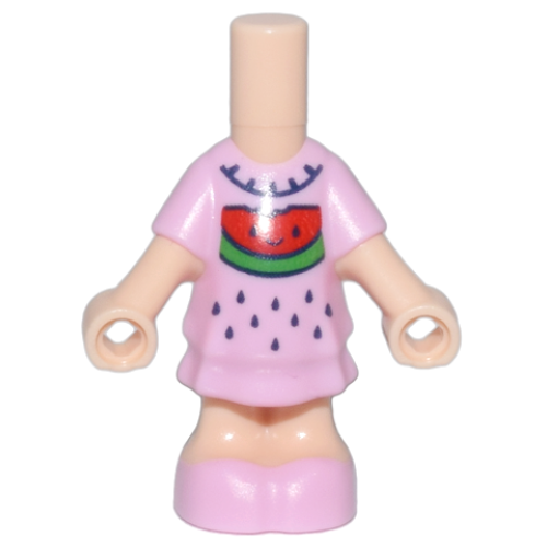 Деталь LEGO 69969pb21 Micro Doll, Body with Molded Bright Pink Short Layered Dress and Shoes and Printed Dark Blue Collar and Seeds, Red and Green Watermelon with Face Pattern