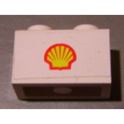 Brick 1 x 2 with Small Shell Logo on White Background Pattern (Sticker) - Set 7813 Brick 1 x 2 with Small Shell Logo on White Background Pattern (Sticker) - Set 7813