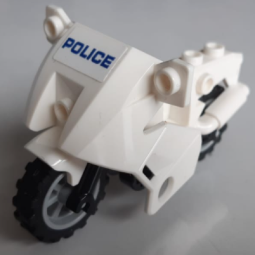 Деталь LEGO 52035c02pb15 Motorcycle City with Black Chassis, LBG Wheels and Fairing with Blue 'POLICE' on White Background Pattern (Sticker) - Set 60200