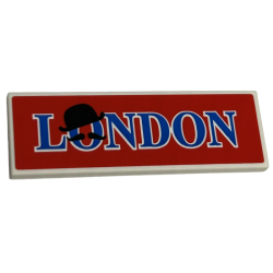 Tile 2 x 6 with Blue 'LONDON', Black Bowler Hat and Moustache on Red Background Pattern (Sticker) - Set 40569