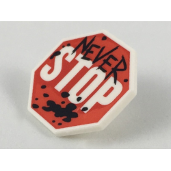 Minifigure, Shield Octagonal with Stop Sign, Black 'NEVER' and Splotches Pattern Minifigure, Shield Octagonal with Stop Sign, Black 'NEVER' and Splotches Pattern