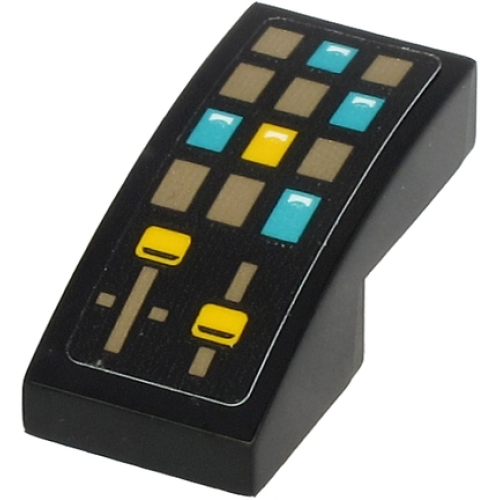Деталь LEGO 11477pb098 Slope, Curved 2 x 1 x 2/3 with Control Panel with Dark Tan, Dark Turquoise and Yellow Rectangle Buttons and Sliders Pattern (Sticker) - Set 71705