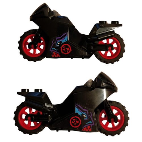 Деталь LEGO 18895c07pb01 Motorcycle Sport Bike with Black Frame, Red Wheels and Dark Bluish Gray Handlebars with Red Ninjago Logogram 'DS' Circle, Dragon Pattern on Both Sides (Stickers) - Set 70638
