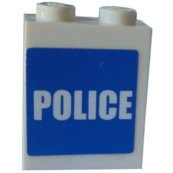Brick 1 x 2 x 2 with Inside Axle Holder with White 'POLICE' on Blue Background Pattern (Sticker) - Set 7498 Brick 1 x 2 x 2 with Inside Axle Holder with White 'POLICE' on Blue Background Pattern (Sticker) - Set 7498