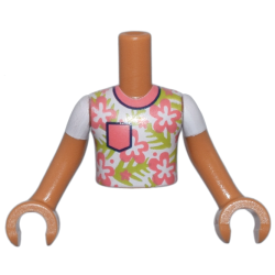 Torso Mini Doll Boy White Shirt with Coral Flowers and Pocket and Lime Leaves Pattern, Medium Nougat Arms with Hands with White Short Sleeves